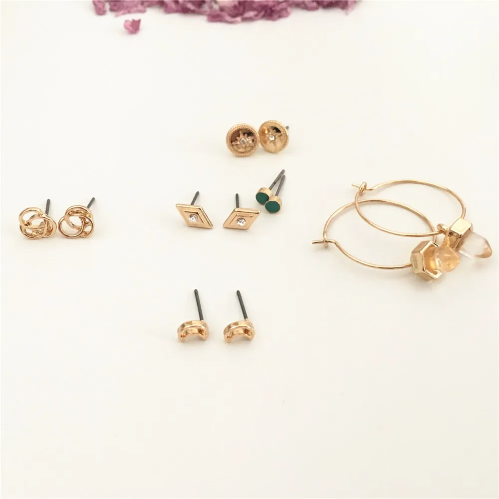

Trendy gold color plating moon circle round stone 6 pair earrings set for women