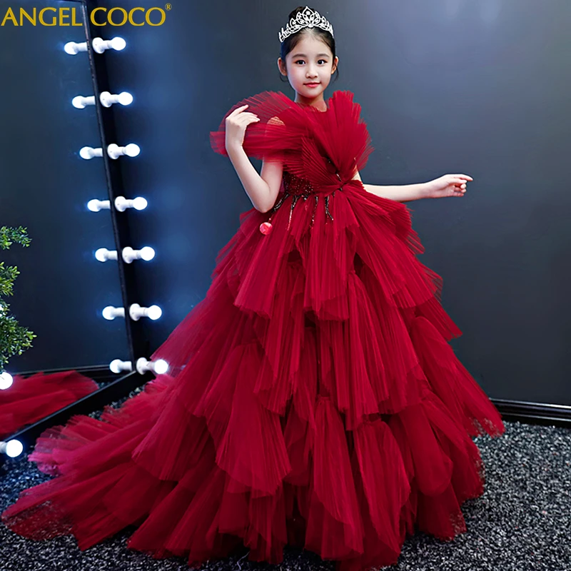 Красное бальное платье принцессы; Детские вечерние платья для девочек; новогодний костюм; детская модельная одежда для подиума; модная Рождественская одежда