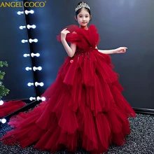 Красное бальное платье принцессы; Детские вечерние платья для девочек; новогодний костюм; детская модельная одежда для подиума; модная Рождественская одежда