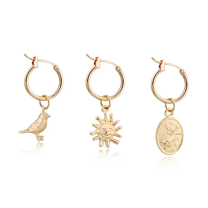 

1Pair Chic Gold Color Small Sun Angel Hoop Earrings Women Cute Animals Bird Oval Pendant Endless Circle Earrings Jewelry E313