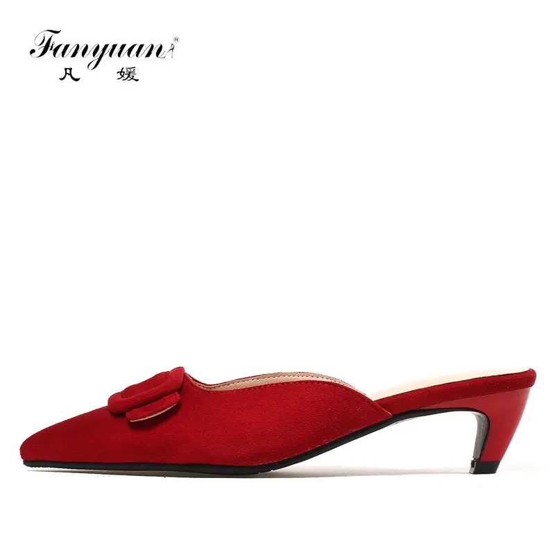 

Fanyuan Women's Summer Footwear Stylish Buckle Ladies Med Heel Mules Shoes Red Pointed Toe Sexy Ladies Party Wedding Shoes