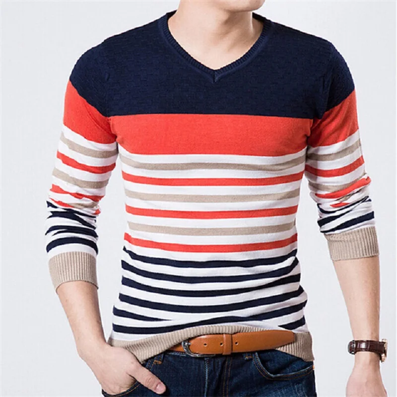 Spring Autumn Men Fashion Striped Colors Patchwork Sweaters Men Slim ...