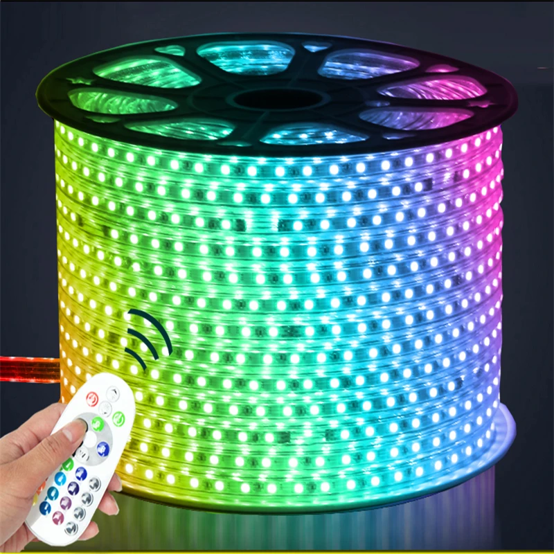 buy 5 15M 220V input 16 colors RGB low power consumption high brightness 60led m IP65 water proof 5050 LED strip