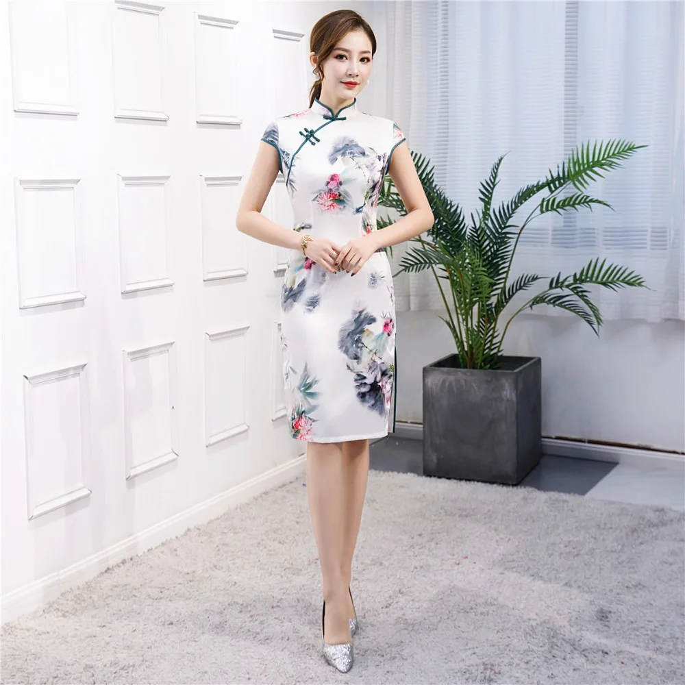 Шанхай история короткий рукав хлопок Cheongsam до колена цветочный Qipao Китайский