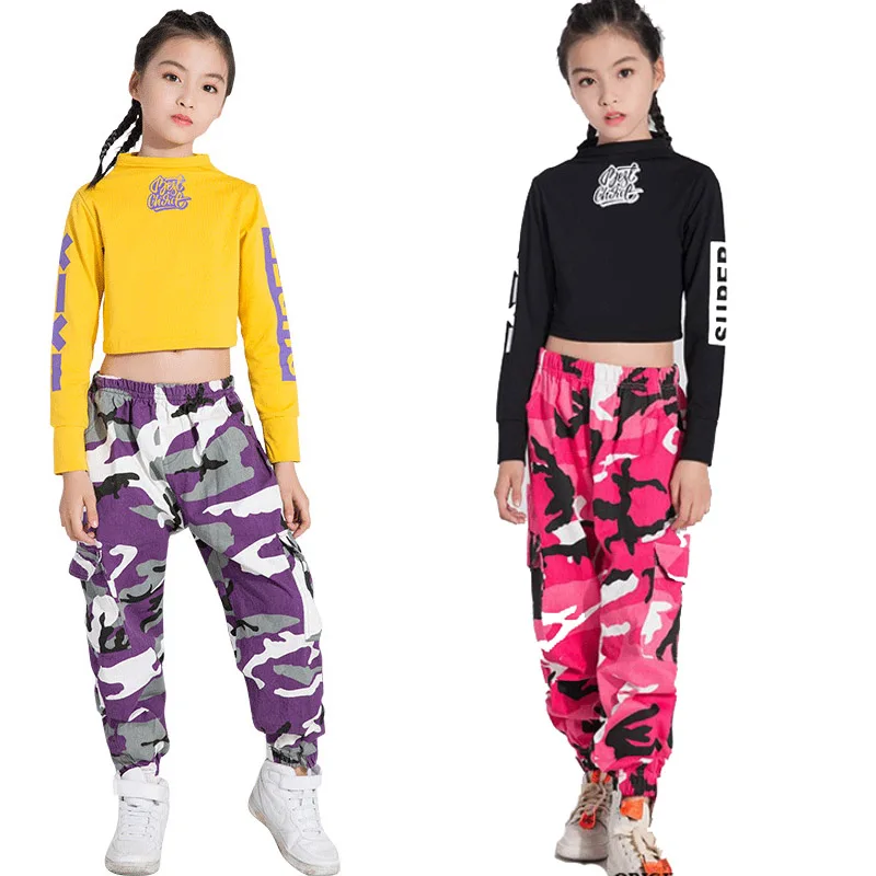 

Children Hip Hop Costume Kids hiphop Street Dance Clothing white Long Sleeve Tops Camouflage Pants Jazz Dance Costumes Girls