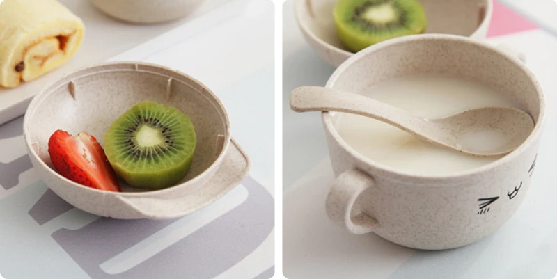 2pcs Baby Wheat Straw Bowl Cartoon Children Food Tableware Set Bamboo Eco-friendly Kids Dinner Plate Spoon Training Bowl BB5143 (7)