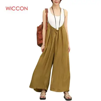 

2020 Casual Women Overalls Plus Size Beach Rompers Wide Leg Pants Vocation Dungarees Cotton Linen Jumpsuits Long Trousers