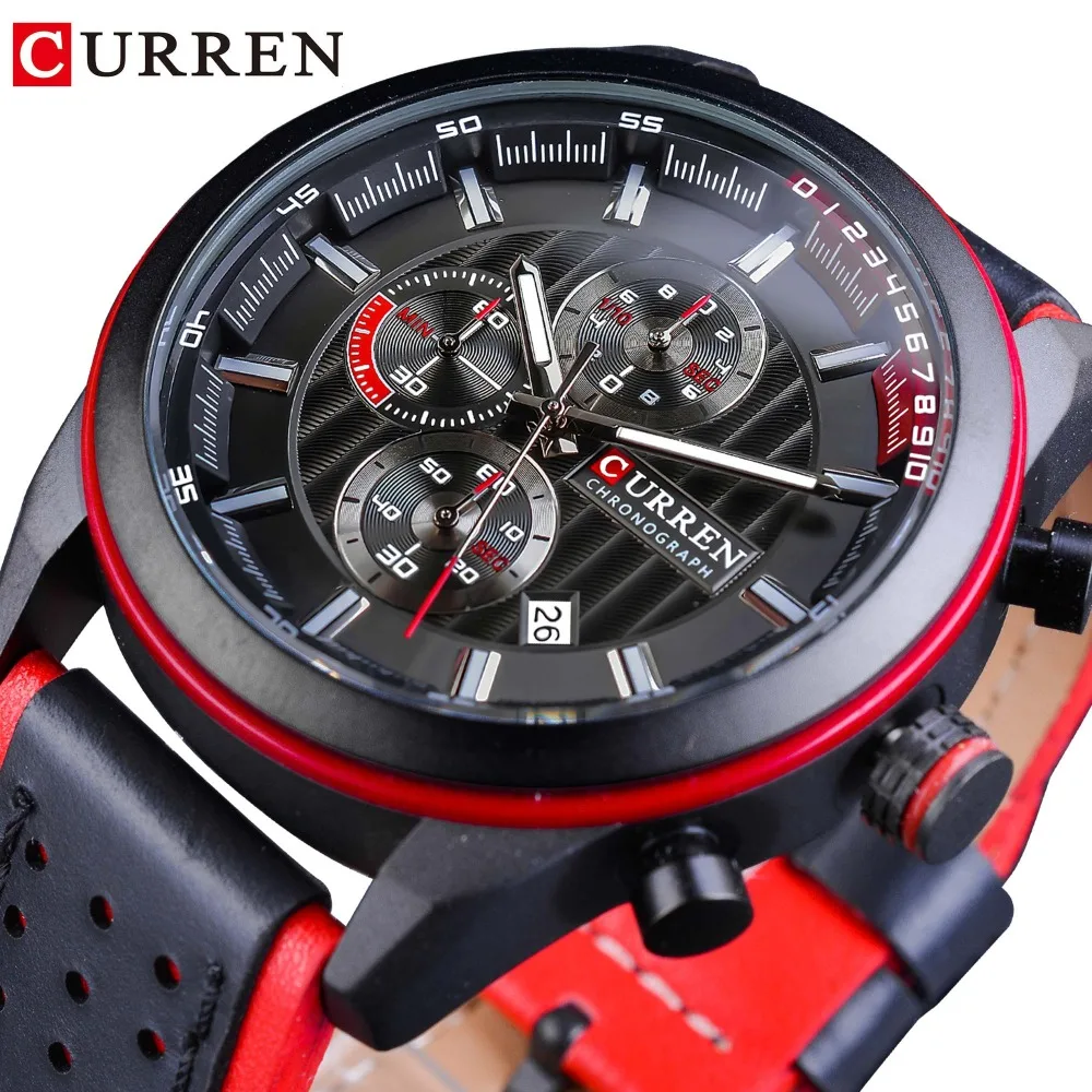 

CURREN Red Sport Racing Genuine Leather Men Sport Military Watches Top Brand Luxury Waterproof Quartz Wrist Watch Montre Homme
