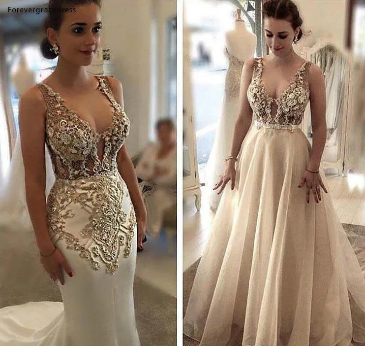 Glamorous Mermaid Wedding Dresses With Removable Skirt Lace 3D Appliques See Through Top Bridal Gowns V-neck Robe de mariee  163