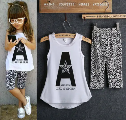 

2015 Kids Baby Girls 2pcs Sleeveless Letter Print Tops +Leopard Half Pant Set Clothes