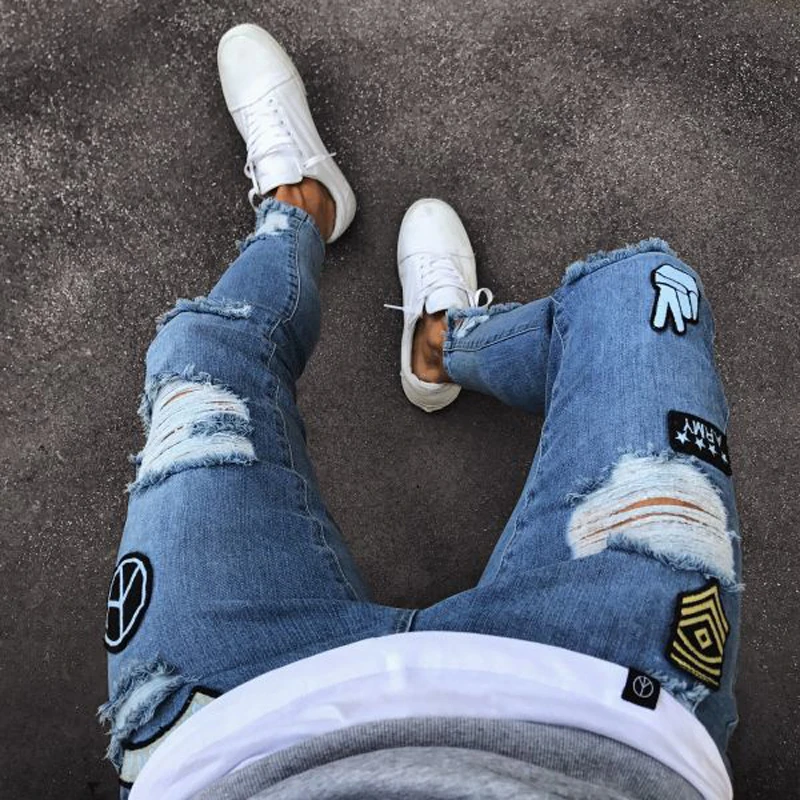2019 Men Stylish Ripped Jeans Pants Biker Skinny Slim Straight Frayed Denim Trousers Fashion skinny jeans men Clothes