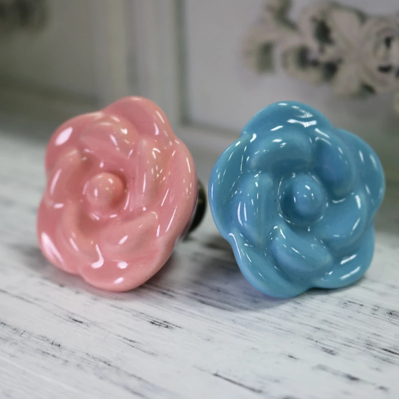 

5PCS Blue Pink Ceramic Rose Shape Cabinet Knobs Kitchen Cupboard Dresser Drawer Handles Pulls 38*29MM