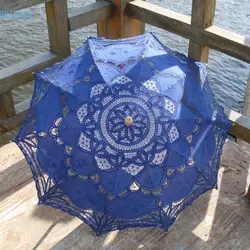 Бритни модные Sun Свадебный зонтик Красивые хлопковые кружева зонтик вышивка синий зонтик невесты зонтик украшения