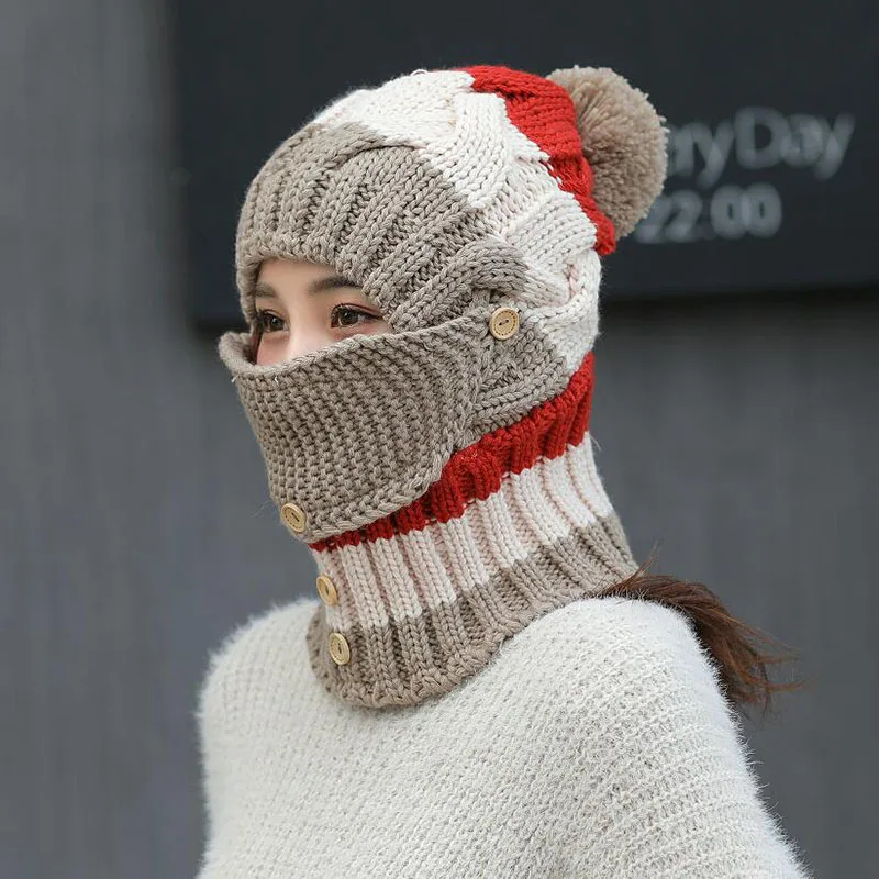 

SUOGRY Knitted Hat Scarf Winter Skullies Beanies Female Winter Hats For Women Baggy Warm Thicken Hats With Mask Neck Warmer