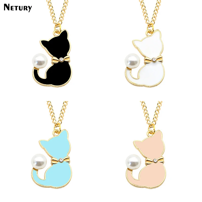

Korea New cute fashion Women Necklace Animal cat gold chain pearl pendant Necklace simple summer girl funny Creativity jewelry