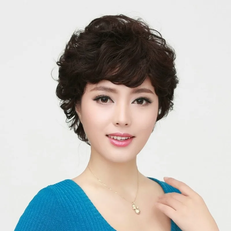 

2016 Fashion Natural Curly Black Brown Short Full Lace Wig Women Elegant Syntheitc/fake Hair for Middle Aged Female