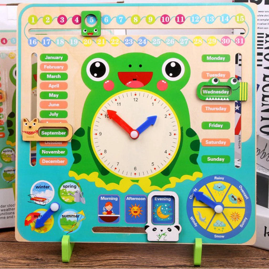 Daily Cognitive Calendar Teaching Clock Board Wooden Early Education Puzzle Learning Toy Time Date Season Weather Month
