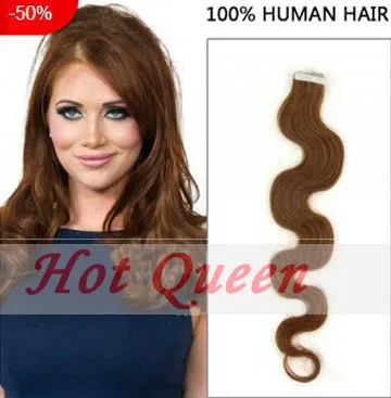 

#8 Brown Certified Human Hair Skin Weft Hair Extension European Body Wave Remy Hair Tape In Hair 40PCS/100G/Pack Free Shipping