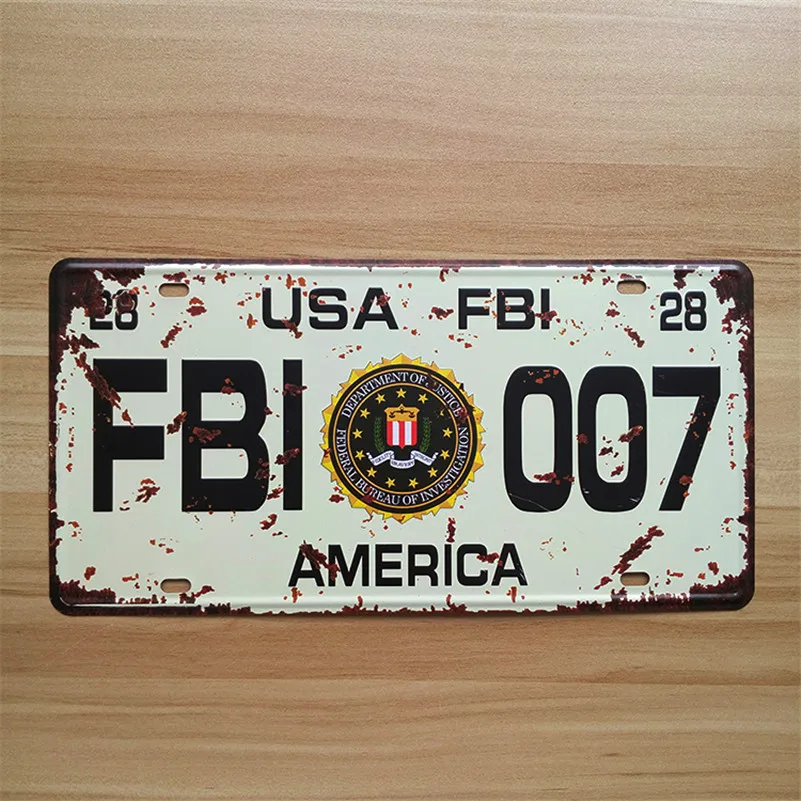 

SP-CP-0151 Retro Vintage Metal tin signs car License Plates number "FBI-007 USA "Wall art craft painting 15x30cm