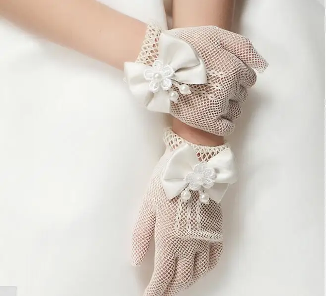 Kids Cream Lace Pearl Gloves Communion Flower Girl Party Gloves Children's Glove High