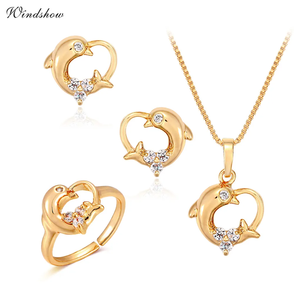 Children Girls Baby Kids Jewelry Sets Yellow Gold Color Dolphin Heart Charm Pendant Necklace Stud Earrings Ring Festa Jewellery