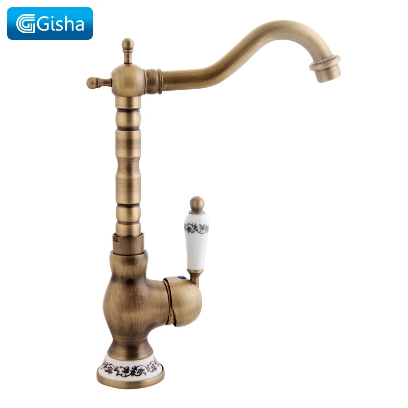 Günstig Gisha Antike Becken Messing Armaturen Bad Waschbecken Mixer Deck Wasserhahn Drehen Einzigen Handgriff Heißen Und Kalten Wasser Mischer Wasserhähne Kran tippen