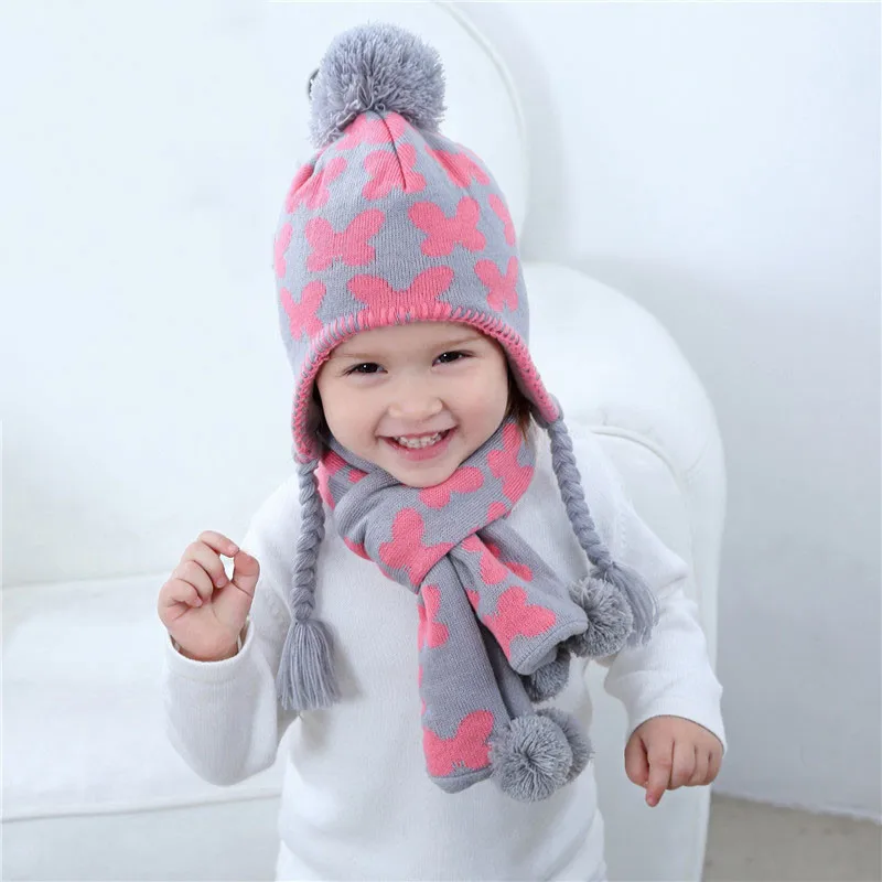Модная детская шапка с бабочкой и шарфом, шапка для маленьких девочек, комплект из шапки и шапки, вязаная шапка на осень и зиму для детей от 6 месяцев до 6 лет