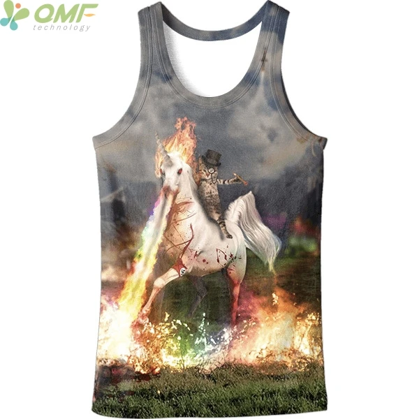 Chat Equitation Une Licorne Dans Un Chapeau Haut De Forme Imprimer Hommes Gilets Male Reservoir Hauts Sans Manches Harajuku Flaming Licorne Course Gilet Sechage Rapide Aliexpress