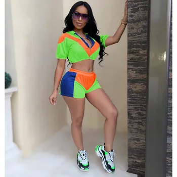 

Sporting Two Piece Set Geometric Women Tracksuits Summer Splicing Hooded Mesh Trench Top Biker Shorts Sets Women Set