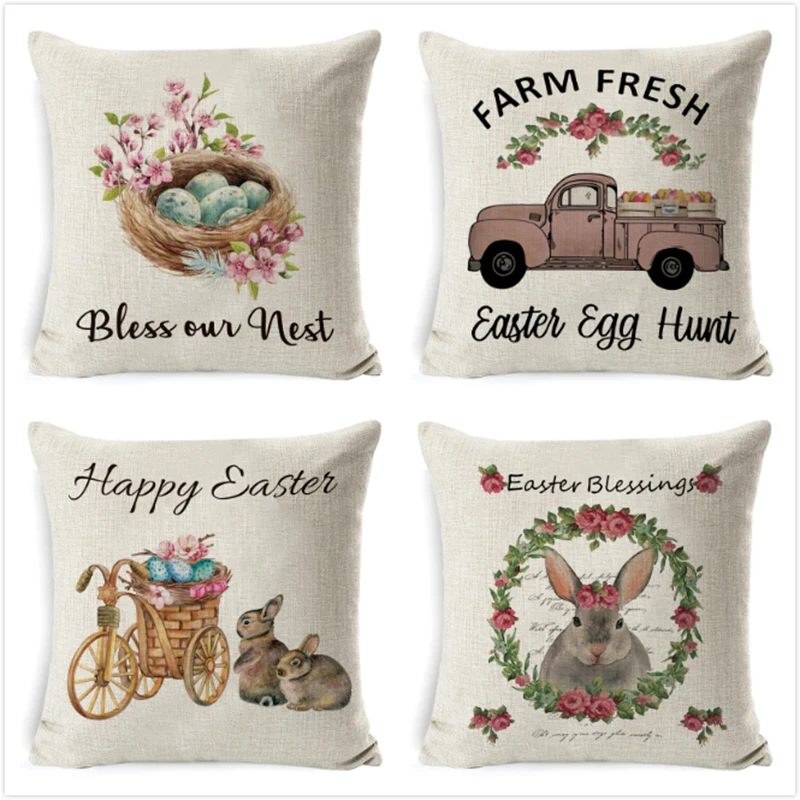 Happy Easter Cushion Cover Cute Bunny Rabbit Color Eggs Flower Pillowcase Home Decor Pillow