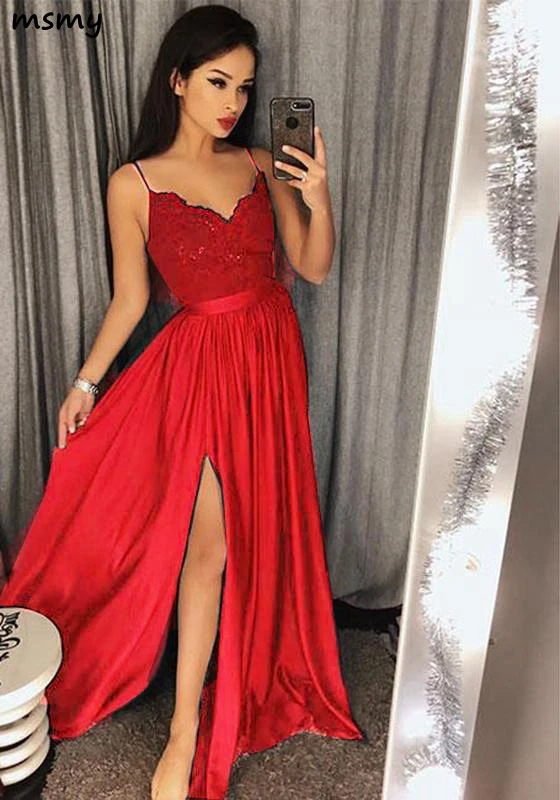 Teal Sexy Slit Prom Dresses 2018 Spaghetti Straps Girls Long Party Gown vestidos de graduacion9
