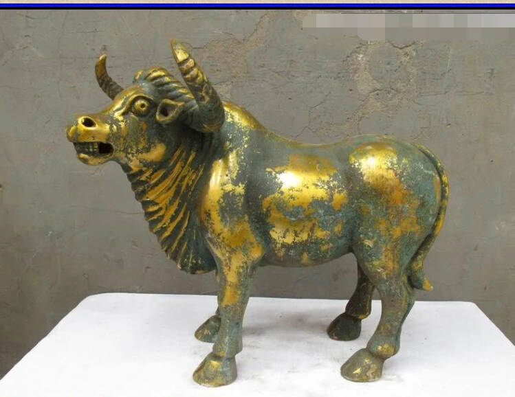 

13.5"Chinese Folk Classical Bronze Gild handwork carve ox Bull Statue