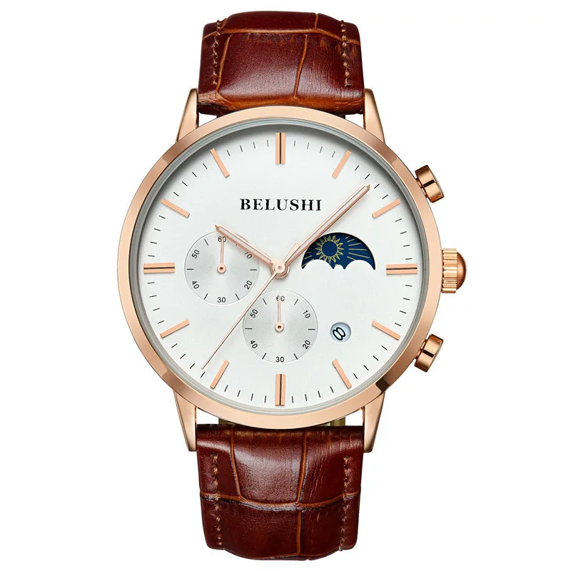 

Men Quartz Watches Leather Strap Date Sun Moon Phase Business Wrist Watch Luminous Sapphire Watch Clock Relogio Masculino