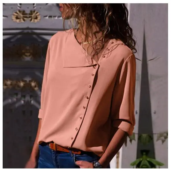 Irregular Skew Collar Button Blouse Shirt Women Casual Woven Chiffon Ladies Long Sleeve Womens Tops and Blouses Female Shirt