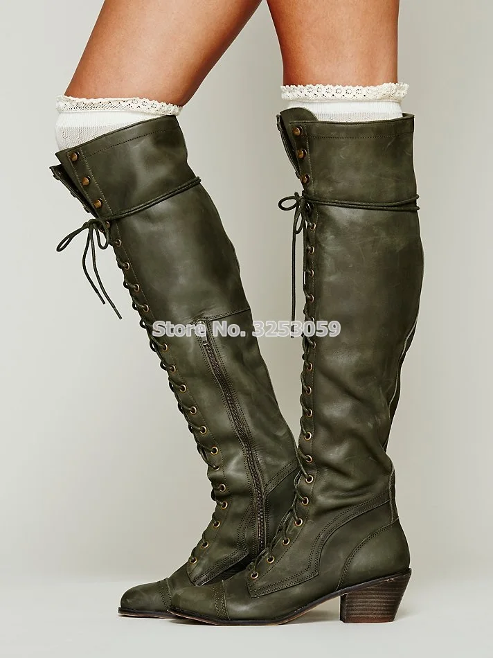 

ALMUDENA Retro Cowboy Style Lace-up Knee High Boots Low Chunky Heels Motorcycle Long Boots Coffee Army Green Gladiator Boots