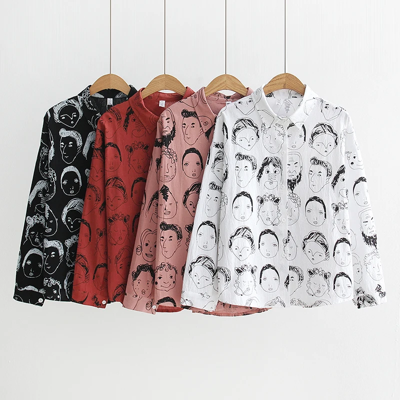 

Shintimes Blusa Mujer 2018 Autumn Harajuku Long Sleeve Turn-down Collar Blouses Women Loose Tops Character Print Cotton Shirt