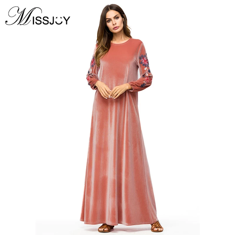 MISSJOY Vestido Terciopelo арабское бархатное Макси платье абайя Турция мусульманский Кафтан Дубай платье вышитая с длинным рукавом Исламская одежда