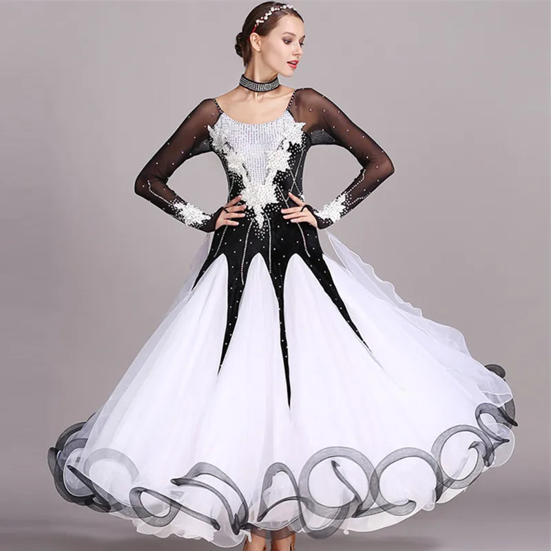 Velvet Stitching Applique Ballroom Dance Competition Dress Modern Dance Costume Waltz Dress Luminous Costumes