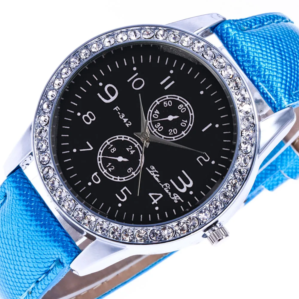 Fashion Fake Two Eyes Digital Scale Silver Diamond Alloy Dial Blue 20mm Crystalline Leather Strap Men