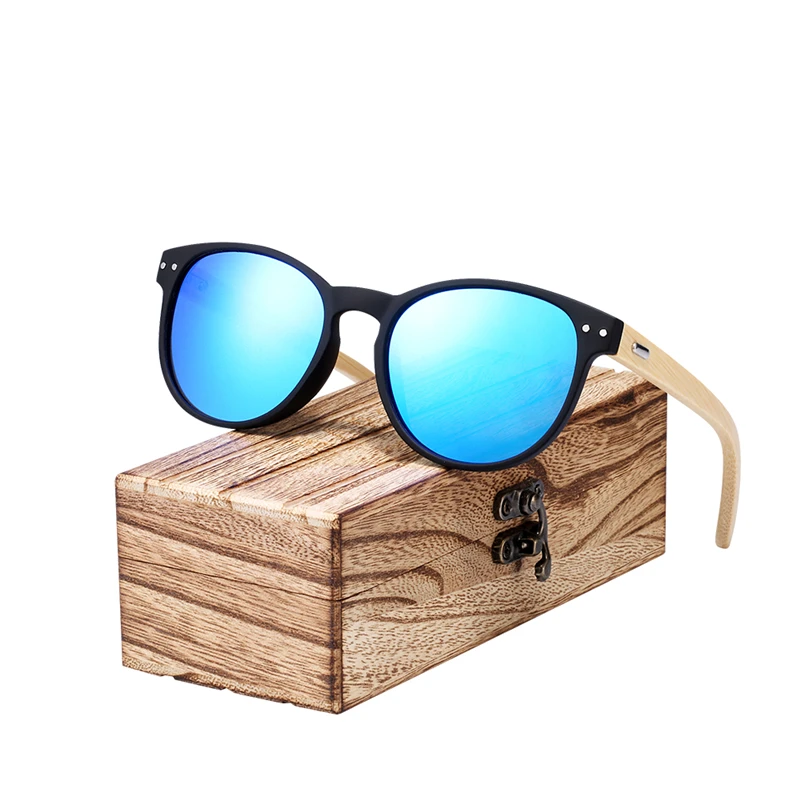 BARCUR Vintage Round Sunglasses Bamboo Temples