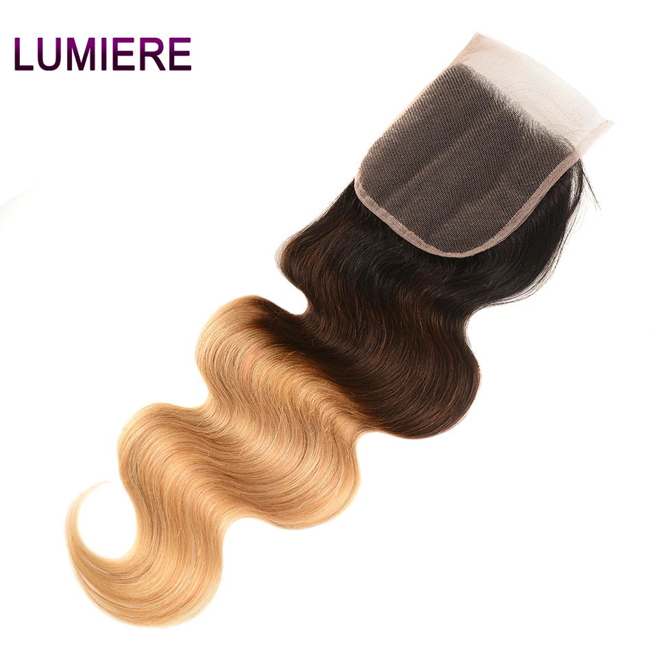 Светомузыка для волос эффектом деграде(переход от темного к бразильские волнистые волосы T1B/4/27 /средний/три части 4*4 накладные волосы virgin(не 8-20 дюймов волосы Remy человеческих волос