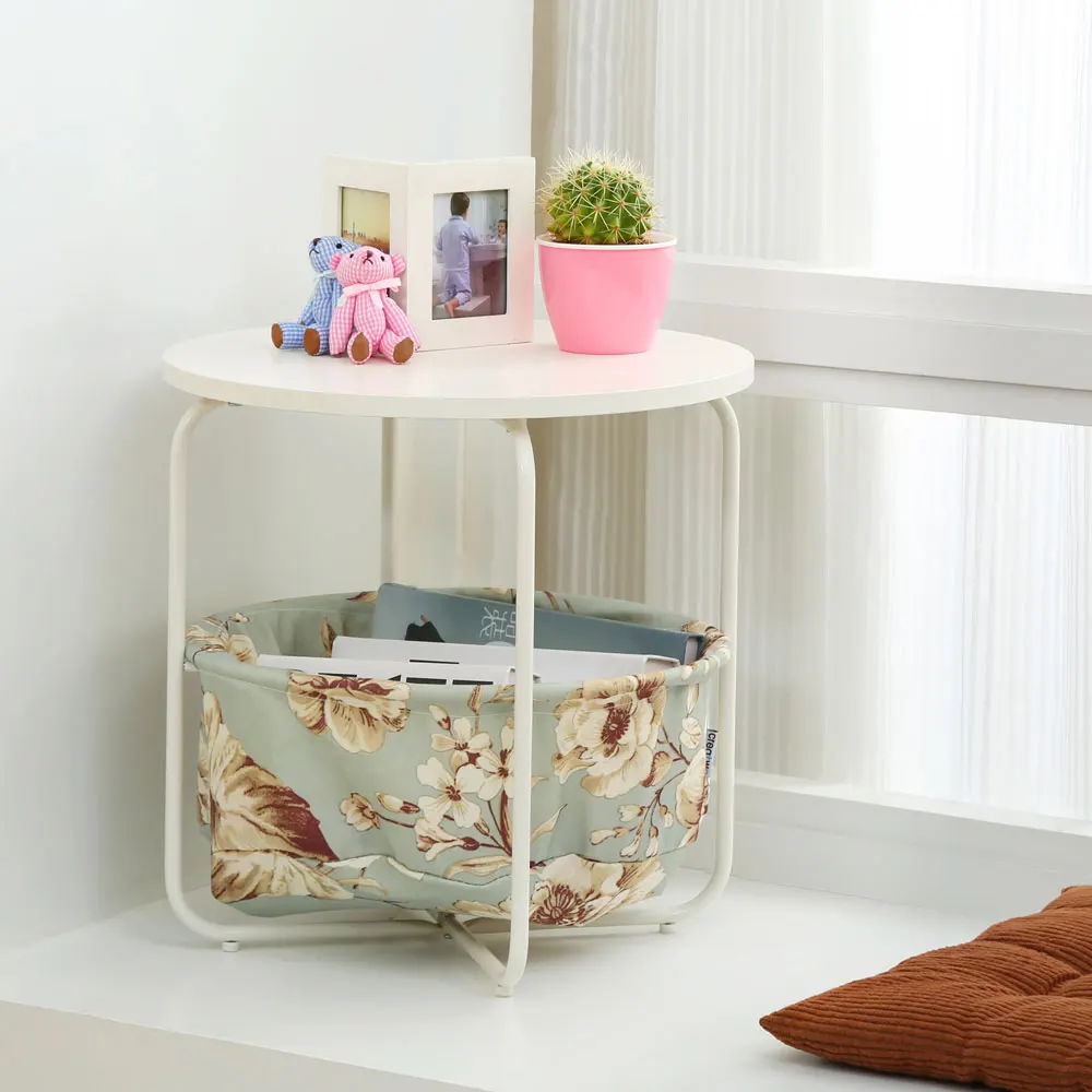 Round Wooden Side Table 2 Tiers With a Book Storage Canvas Basket Bag Round Wooden Side Table 2 Tiers With a Book Storage Canvas Basket Bag