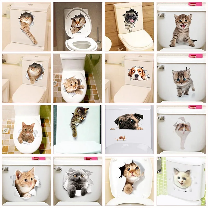 

Vivid 3d Broken Hole Cat Dog Toilet Stickers Home Decoration Diy Wc Washroom Mural Art Kitten Puppy Cartoon Animal Wall Decals