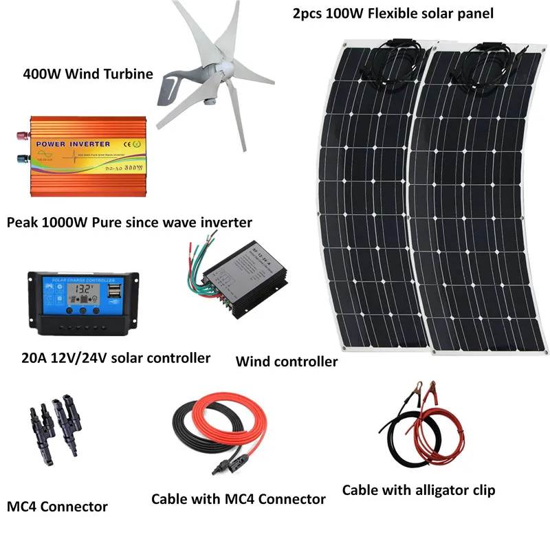600W wind solar hybrid system: 200W flexible solar panel,400W Wind