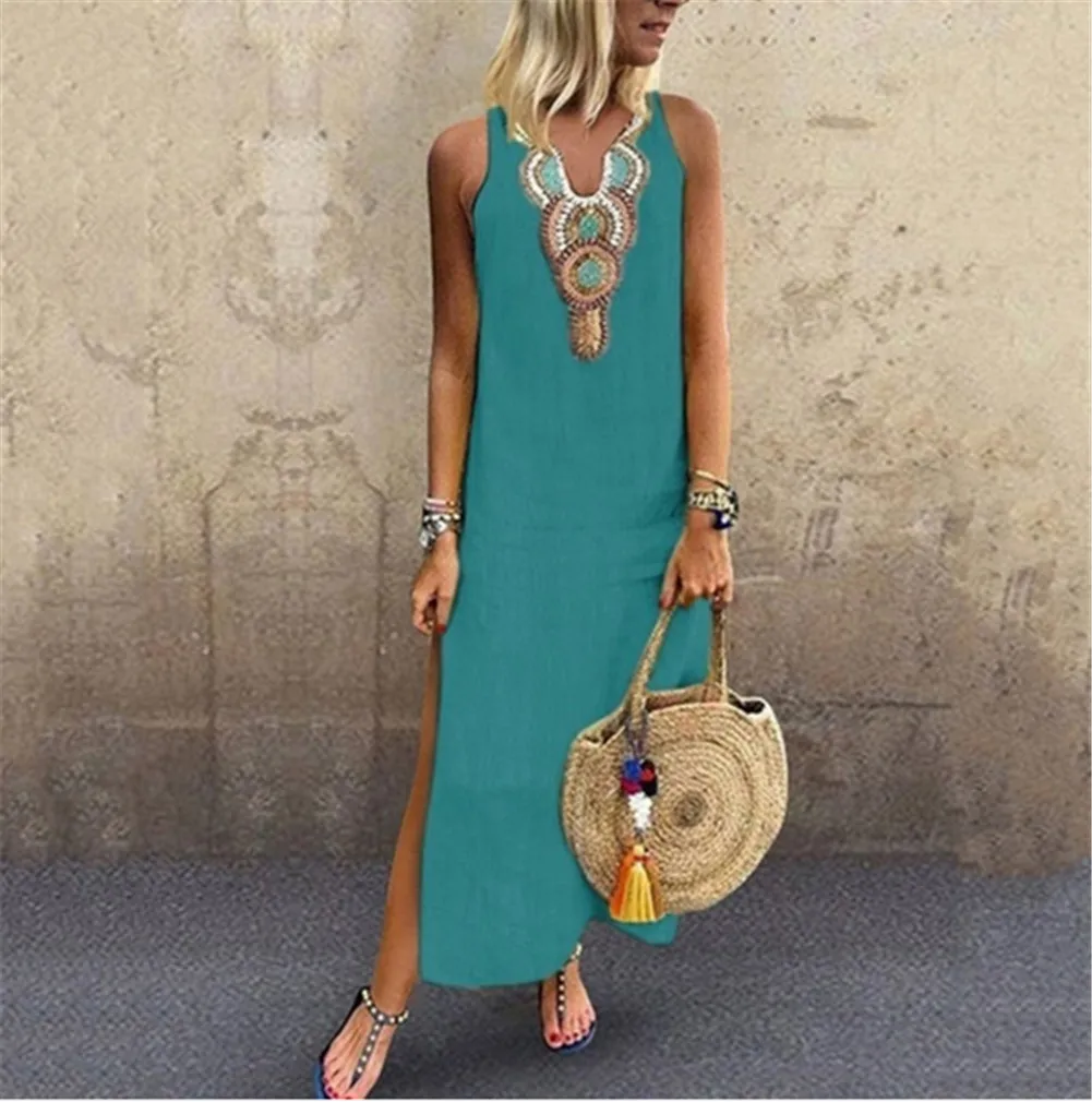 

Women's Maxi Beach Dress 2019 Fashion Ladies Sleeveless Casual Boho Floral Summer Holiday Long Loose Sundress
