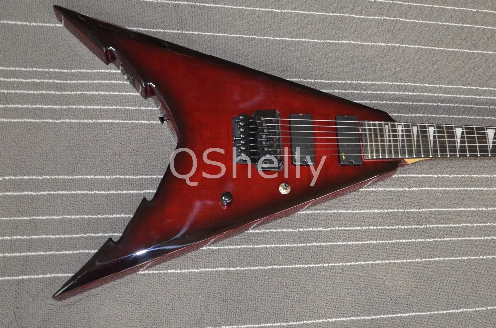 

top quality QShelly custom alder body v shape maple neck through black floyd rose triangle inlay electric guitar