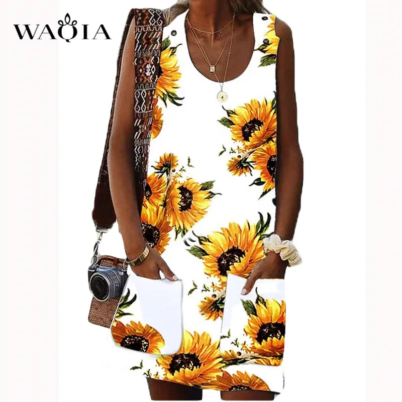 WAQIA 2019 летнее платье женское с цветочным принтом без рукавов Boho короткое пляжное