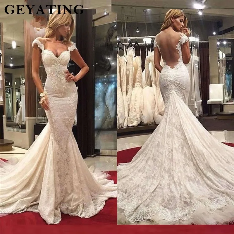 

Ivory Lace Mermaid Wedding Dresses 2019 Sexy Illusion Backless Wedding Dress Short Sleeves Sweetheart Court Train Bridal Gowns