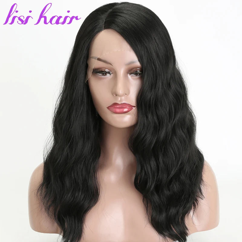 LISI волосы чистый черный цвет длинные волнистые синтетические кружева спереди парик черный для женщин классические волосы 26 дюймов
