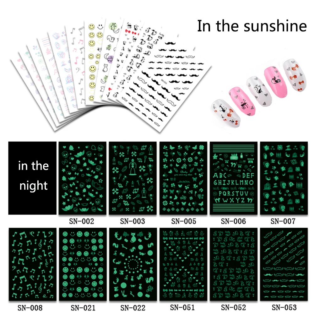 

Noctilucent nail art sticker smiley animals letter moon star pattern self adhesive 3D glow in the dark nail sticker wraps RA029
